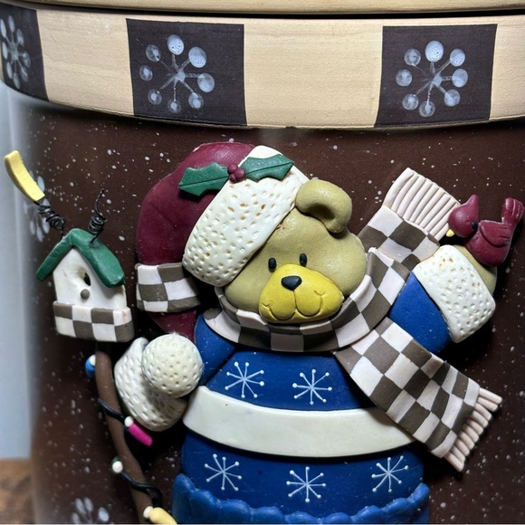 Vintage Holiday 3D Santa Hat Teddy Bear Stoneware Cookie Jar Christmas Winter - Picture 5 of 14